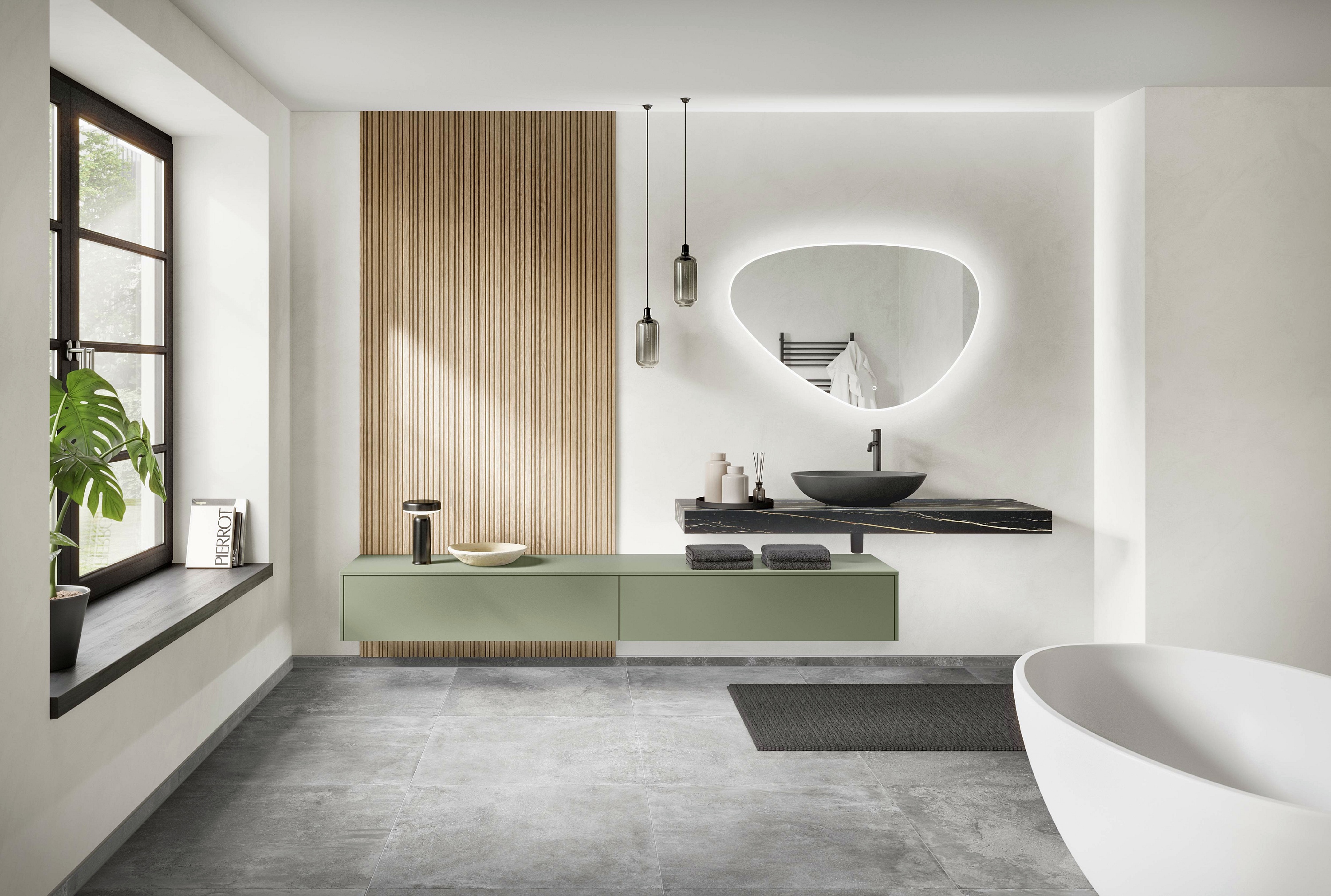 Grosses Bad mit Aufsatzwaschtisch - Konsolenplatte Marmoroptik darauf dunkelgraue Waschschale - darunter hängend montierter schilfgrüner Unterschrank mit 2 Auszügen nebeneinander - freistehende weisse Badewanne