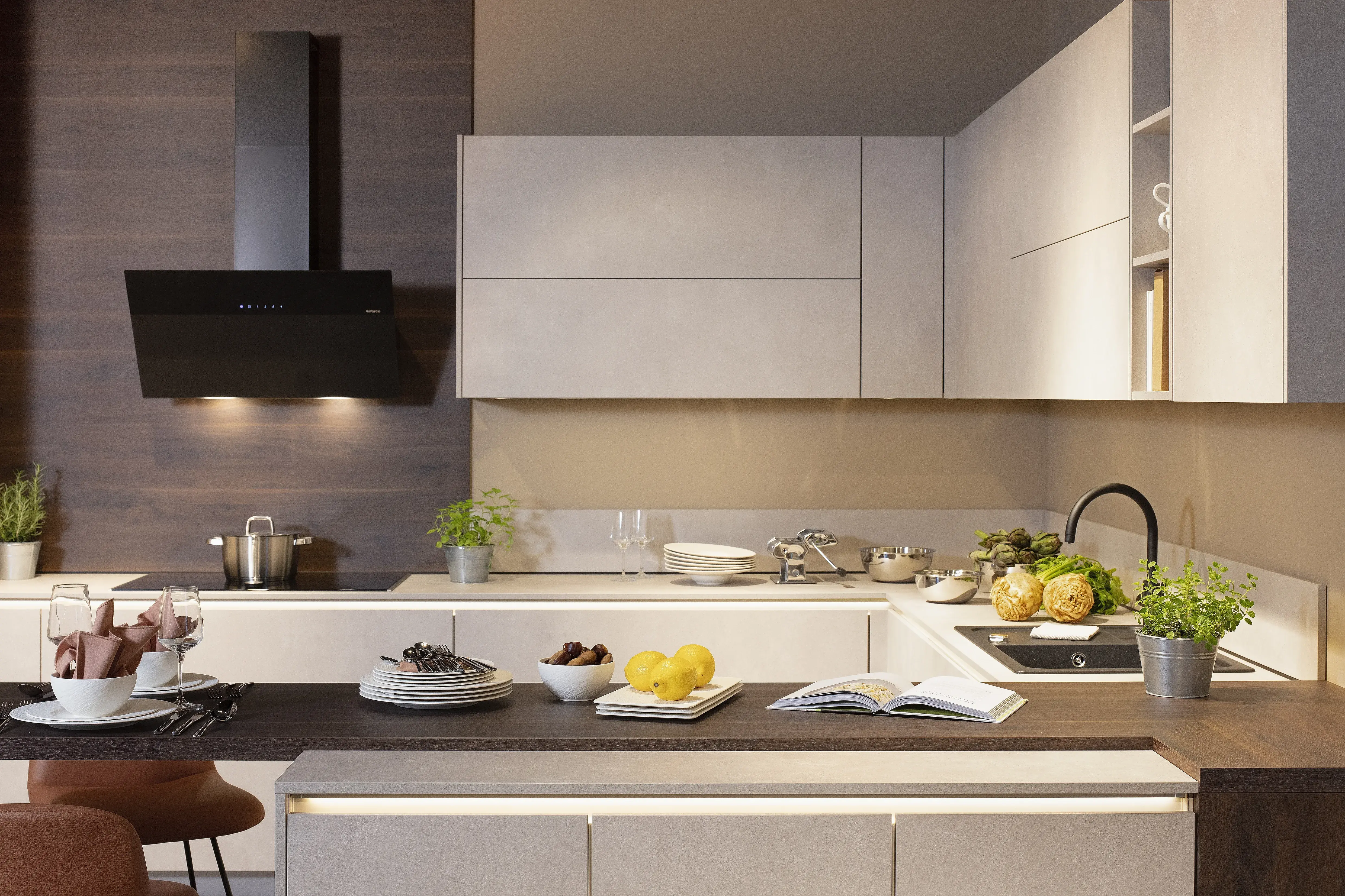 2023 Nobilia Küche RIVA in Beton-Sand Arbeitsplatte mit Theke